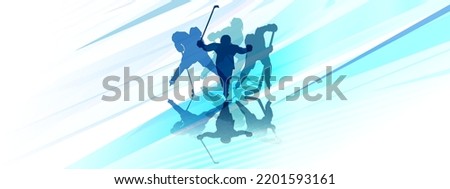 Abstract horizontal background for placing text. Dynamic diagonal pattern in light saturated blues. Sport banner with kid hockey players. 