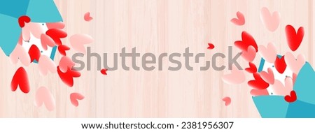 Rectangular horizontal banner with light pink wood texture and two blue envelopes filled with red and pink hearts. Place for logos, messages, text placement. Vector illustration.
