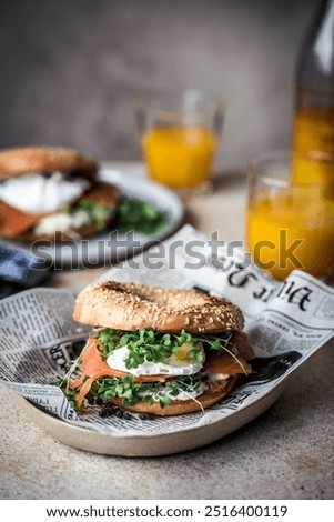 Image, Stock Photo Delicious salmon bagel on plate in kitchen