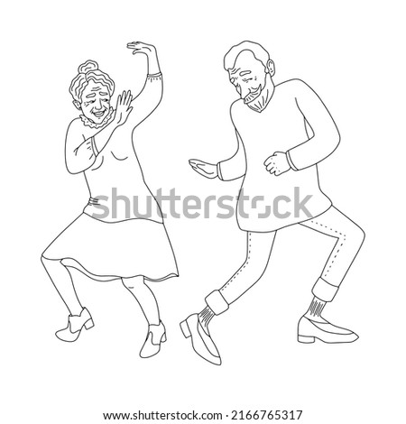 Cute couple of elderly people are dancing a fun dance. Grandpa and grandma are dancing a retro dance. Dance duo outline. Vector.