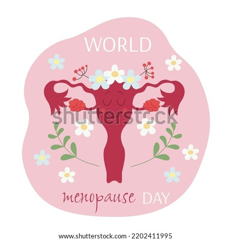 Concept World Menopause Day. Uterus with flowers and leaves. Pause sign inside the female organ. Vector.