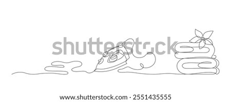 Electric iron drawn in a continuous line in minimalism style, household appliances, household assistant, ironed linen, in one line, editable vector contour.