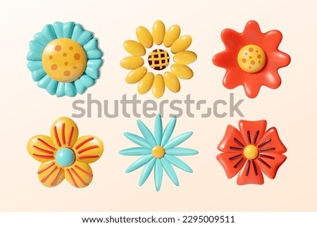 Set of colorful abstract, cartoon flowers. 3D vector illustration.