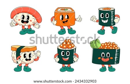 Set of funny cartoon sushi characters. Collection Japanese food in trendy groovy hippie retro style. Vector illustration.