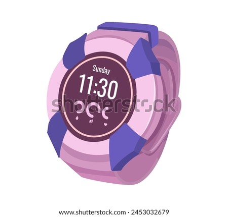 Stylized smartwatch showing time and date with abstract pink and purple design elements. Vector graphic of modern timepiece. Wrist device for health, pulse and heartbeat control.