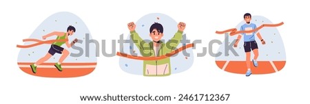 Marathon runners crossing finish line. Vector illustrations of male athletes celebrating victory. Sports competition and personal achievement concept. Flat design style.