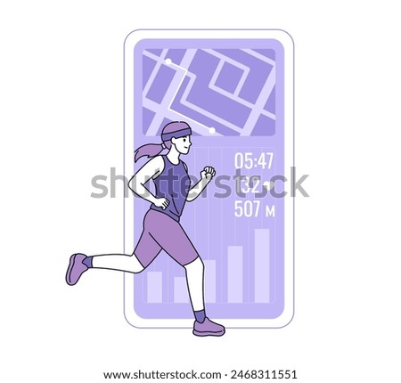 Illustration of woman running with fitness tracking app showing route, time, heart rate, and distance. Flat design for health and fitness concept.