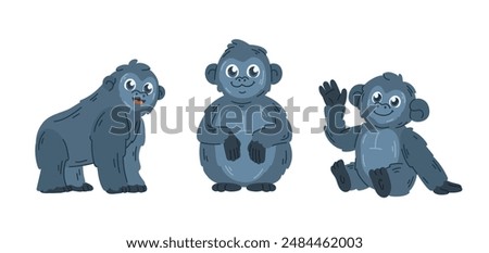 Three cartoon gorillas in different poses. Cute character illustrations isolated. Animal clipart for design and print.