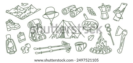 Various camping equipment and outdoor adventure icons, including a tent, backpack, campfire, and cooking gear. Green outline. Travel doodle illustration.