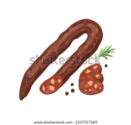 Illustration of a smoked sausage link with several slices, garnished with fresh rosemary and peppercorns. Meat product and deli food concept for design and print.