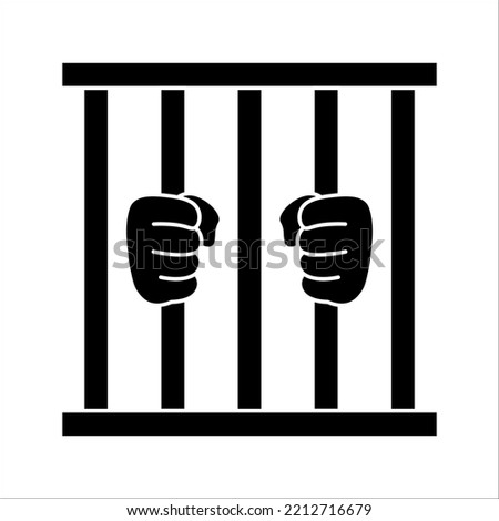 Prison icon. Hands holding prison bars. Silhouette criminal man behind bars. vector illustration on white background. 