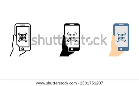 QR code scanning icon in smartphone. hand holding Mobile phone in line style, vector illustration on white background