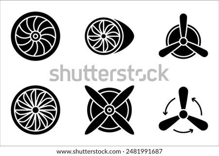 Plane turbine linear icon set. Airplane equipment. Jet propeller. Aeroengine. vector illustration on white background