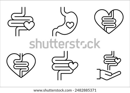 Intestine with heart icon set. Healthy internal organ, digestive tract symbol vector illustration on white background