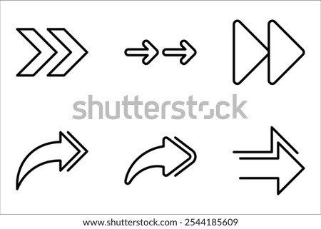 Double right arrow linear icon set. Symbolize fast forward, skip or next vector illustration on white background