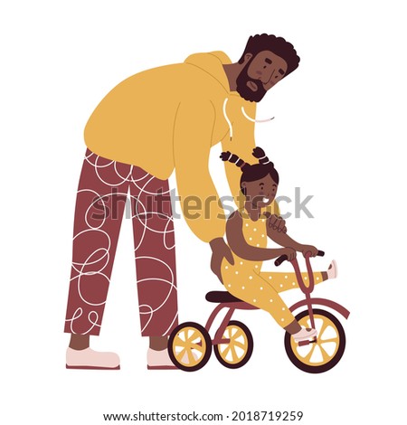 Father teaches daughter ride three cycle. Flat style in vector illustration. Family day, child education, single father, black skin people, playing with daddy, dad and baby, kid. Isolated.