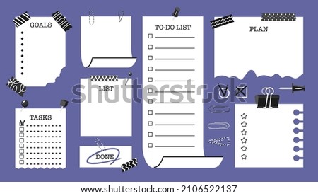 Check list collection. Stationery decorated pieces of paper with check marks and space for text. Weekly, daily planners, note paper, sticker templates. Vector illustration. Isolated elements.
