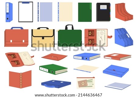 Set with Office tools. Stationery for working with documents. Folders, files, bags, storage systems. Front or isometry view. Clip art isolated elements. Flat style in vector illustration.