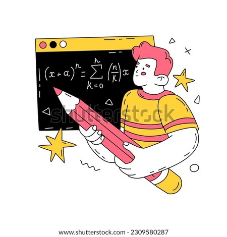 A student solves a math problem at the blackboard in the classroom. Formulas, geometry, trigonometry. School education. A boy with a big pencil in his hands. Vector illustration isolated. 