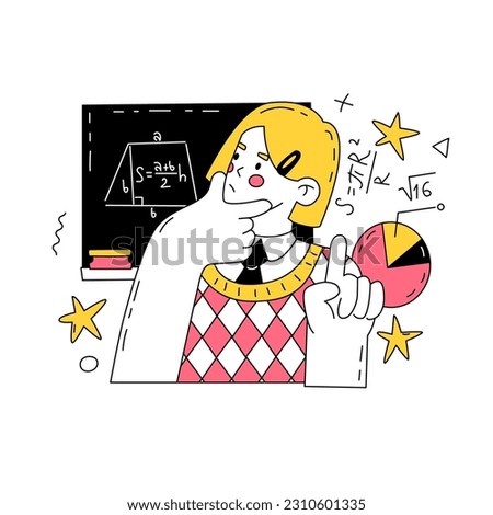 A female student solves a math problem at the blackboard in the classroom. Formulas, geometry, trigonometry. School education. Vector illustration isolated on white background. 