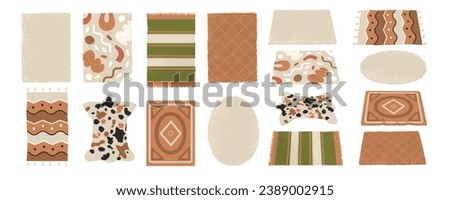 A set of 16 rugs of different shapes, textures and patterns. Top view and isometric view. Floor covering in home interior. Decor, cozy home interior. Isolated vector illustration.