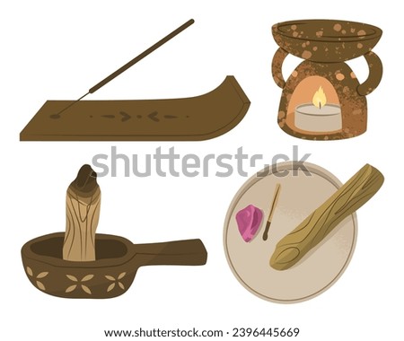 Set of items for aromatherapy. Aroma lamp, sticks, palo santo and candle. Design for Vedic stores and yoga studios. Vector illustration isolated on white background.
