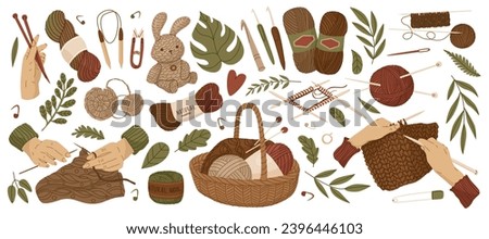 Set on the theme of wool knitting. Hobbies for relaxation. Vector illustration for home craft stores and postcard design. World Knitting Day in Public Places.