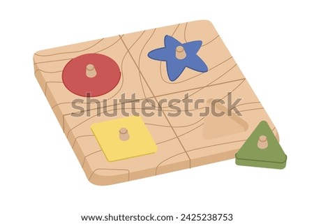 Wooden educational toy for little ones. Forms and search for correspondence. Raising and caring for children. Fine motor skills. Vector illustration isolated on transparent background.