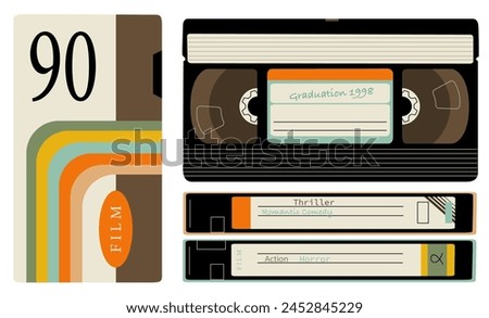 A set of videotapes from different angles. Recording films and memories on analog media. Elements from the 90s in a modern flat style. Vector illustration isolated on transparent background.