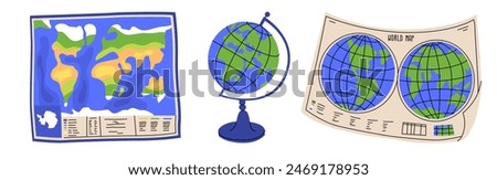 A set of objects for a geography lesson. Study of the environment and countries using maps and atlases. Attributes for a schoolchild. Vector illustration isolated on transparent background.