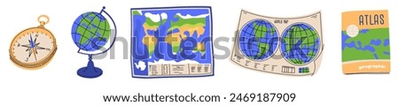 A set of objects for a geography lesson. Study of the environment and countries using maps and atlases. Attributes for a schoolchild. Vector illustration isolated on transparent background.