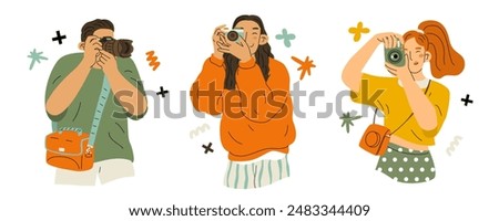 Three people with cameras. People take pictures with a camera. Photography hobby. Capturing emotions. Vector illustration isolated on transparent background.