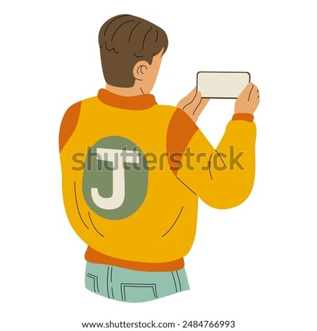 Guy takes a photo or video on his phone. View from the back. Shooting a bright event, friends, a beautiful landscape. Vector illustration of a modern flat style isolated on a transparent background.