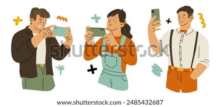 A set of characters using a phone to take photos and videos. A person takes a photograph of a landscape or product. The blogger creates content. Modern technologies. Vector flat illustration.