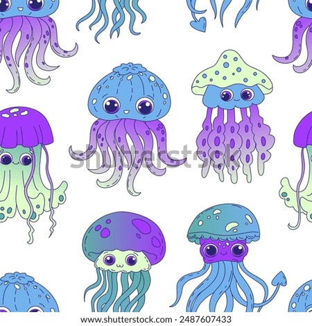 Endless seamless pattern with cute jellyfish. Sea characters with big eyes. Children's illustration for textiles and wrapping paper. Vector.