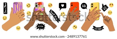 A set of hands holding a phone or filming something with a camera. Using a smartphone, scrolling social networks. Phrases for chat and emotions for reactions. Vector illustration