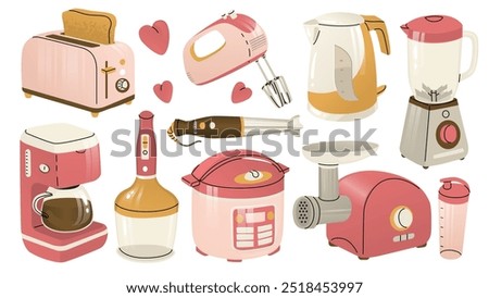 Set of kitchen appliances. Modern cooking. Devices for preparing semi-finished products and cooking. Equipment for a modern home. Vector illustration isolated on a transparent background.