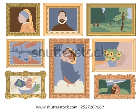 Paintings of famous artists in golden ornamented frames. Portraits, landscapes and still lifes painted with oil paints on canvas. Old works of art. World cultural heritage. Flat vector illustration.