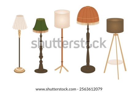 Set of different floor lamps and torchieres with fabric and paper lampshades. Modern and classic lighting fixtures. Living room furnishings. Vector illustration isolated on transparent background.