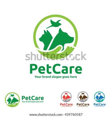 Pet Care Logo with Dog, Cat, Bird and Hand Symbols