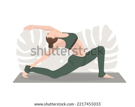 Young woman yoga pose. Meditation, health benefits for the body, mind and emotions. inception. Vector yoga illustration in flat style. Asana with plants, green pastel color