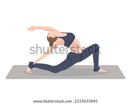 Young woman yoga pose. Meditation, health benefits for the body, mind and emotions. inception. Vector yoga illustration in flat style. Asana pastel navy blue color minimalistic