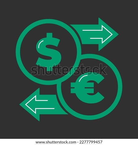 Vector illustration. Currency exchange. Money conversion. Dollar to euro icon isolated green color. Dollar to euro exchange icon with arrow USD EUR	