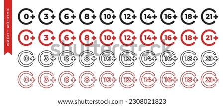 Vector circle age restriction icon set. Age limit icons. Adults content sign isolated on white background red and black colors editable