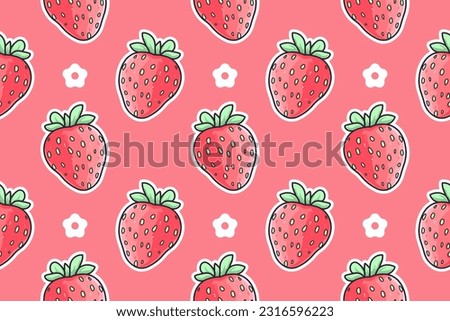  Vector cute yammi strawberry seamless vector pattern print. Pink strawberry kawaii with pastel green leaves on pink background