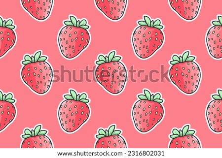 Vector cute yammi strawberry seamless vector pattern print. Pink strawberry kawaii with pastel green leaves on pink background