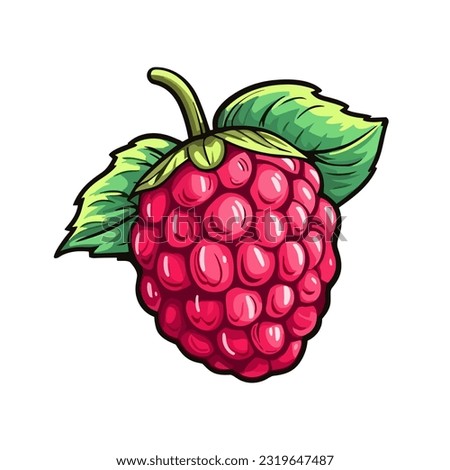 Vector raspberry sticker isolated on white. Cartoon flat style. illustration Red yammi berry with green leaves Healthy diet vegetarian eco food. Decoration for packaging, menu etc