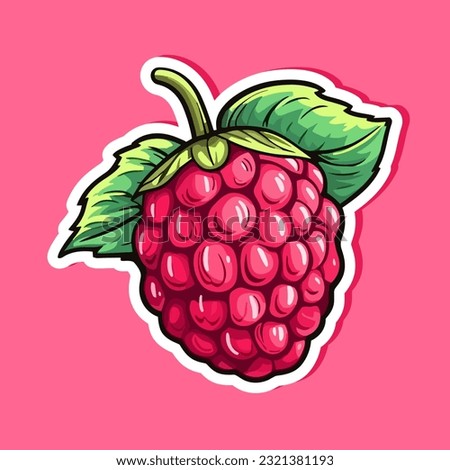 Vector raspberry sticker isolated on white. Cartoon flat style. illustration Red yammi berry with green leaves Healthy diet vegetarian eco food. Decoration for packaging, menu etc