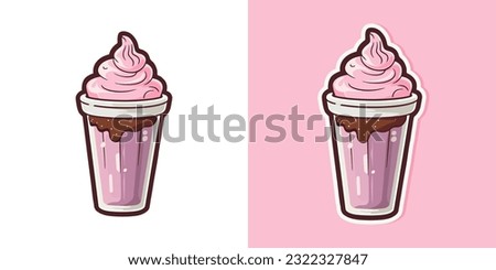 Vector berry milkshake sticker ice cream illustration cartoon flat style. Milk shake with whipped cream sweet dessert