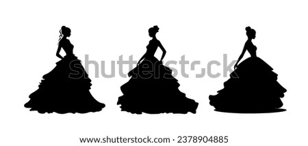 Silhouette of a young pretty woman in long dress with frill, fluffy skirt. Bride silhouette in luxury ball gown for design, prints, posters, decor, web. Slim female vintage style dress	